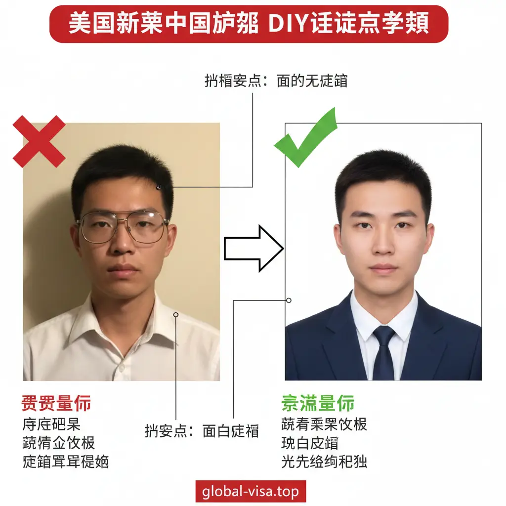 关于DIY证件照的图解教程。画面分为两部分：左侧是一个错误的示范（如戴眼镜、穿白衣、背景有阴影，打红叉）；右侧是一个标准合格的示范（身穿深蓝西装，露出双耳眉毛，纯白背景，光线柔和均匀，打绿勾）。中间通过箭头和简洁的线条引导用户注意拍摄要点，构图平衡，色彩真实，旨在解决用户在APP上传照片频繁失败的痛点。