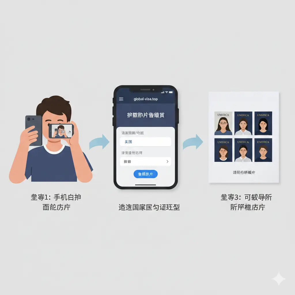 一张富有现代科技感的封面图片。左侧展示一位微笑着的商务人士,背景是模糊的机场登机口;右侧是一个智能手机界面,屏幕上正在展示一张符合规格的美国护照照片,带有绿色的‘合规通过’打勾标志。背景色彩以全球签证站点的蓝色和白色为主调,点缀一些世界各国的国旗元素,构图大气,重点突出AI一键生成的便捷性。