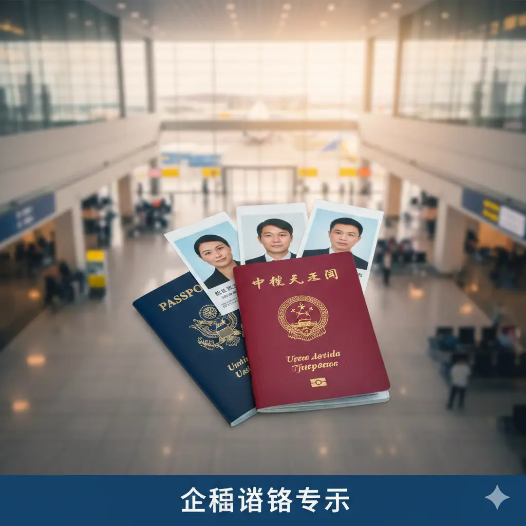 一张极具国际化视野的封面大图。画面中心是几本不同颜色的护照（如美国蓝、中国红、欧盟红），护照上方整齐叠放着几张符合国际标准的白底护照图片。背景是模糊的航站楼候机厅，光线明亮温暖。色彩以商务蓝和洁净白为主调，构图采用大气的俯视角度，传达出专业、权威且通达全球的视觉感受。