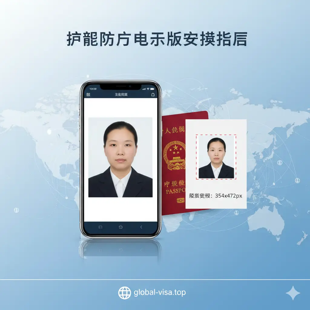 这张封面图采用现代、专业且明亮的视觉风格。中心展示一个智能手机，屏幕上正显示着一张合规的中国护照电子版照片，背景是纯白色，人物着深色衣服，五官清晰。手机旁错落摆放着中国护照封皮和一张带有像素标注（354x472px）的示意图。背景采用淡蓝色的全球航线渐变底纹，体现global-visa.top的国际化视野。整体构图平衡，色彩以红、白、蓝为主，冷暖结合，充满科技感和可信度。