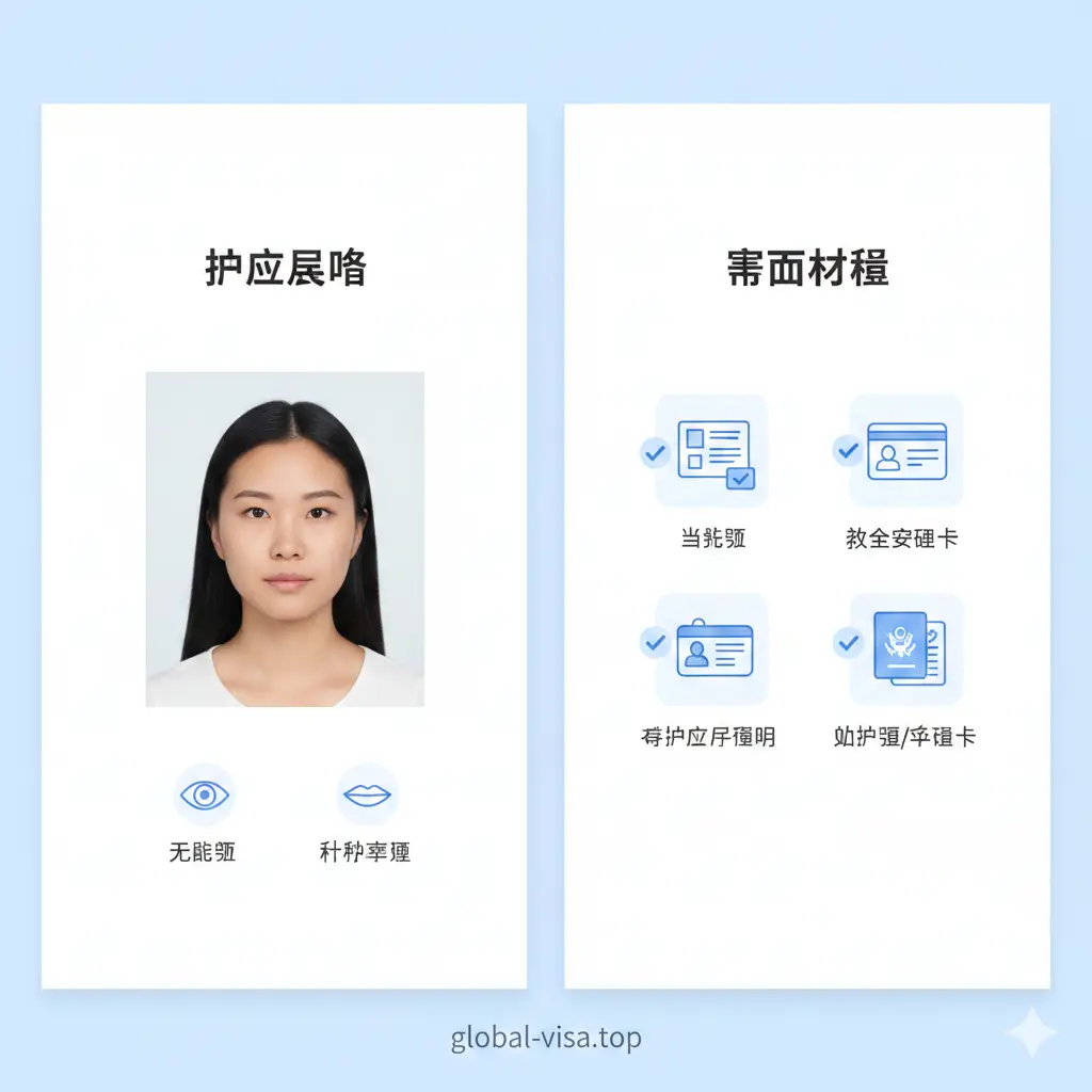一张展示美国护照办理功能要求的示意图。画面采用分屏对比风格,左侧展示一张符合2025标准的2x2英寸白底免冠照片,强调无眼镜、中性表情。右侧罗列出生证、SSN卡片等核心材料的微缩图标。整体风格清新简约,采用明亮的白色和浅蓝色作为主基调,视觉上呈现出一种极高的合规性和条理性。