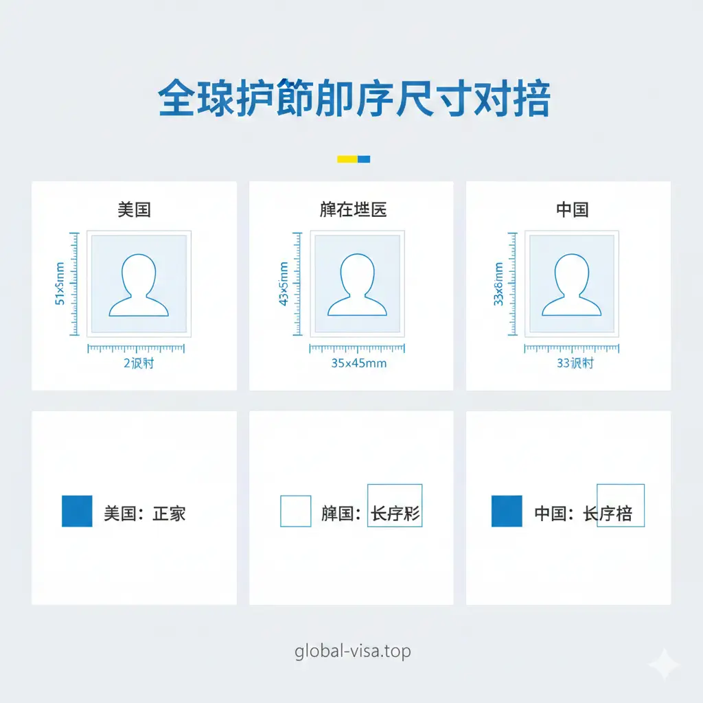一张展示不同国家护照照片尺寸规格的对比图。画面采用分屏或网格构图，清晰展示美国（2x2英寸）、申根（35x45mm）和中国（33x48mm）的照片比例。背景为淡雅的浅灰色，使用简洁的线性图标标注尺寸刻度。色彩明快，排版整洁，让用户一眼就能理解各地区护照照片尺寸的差异化功能特点。
