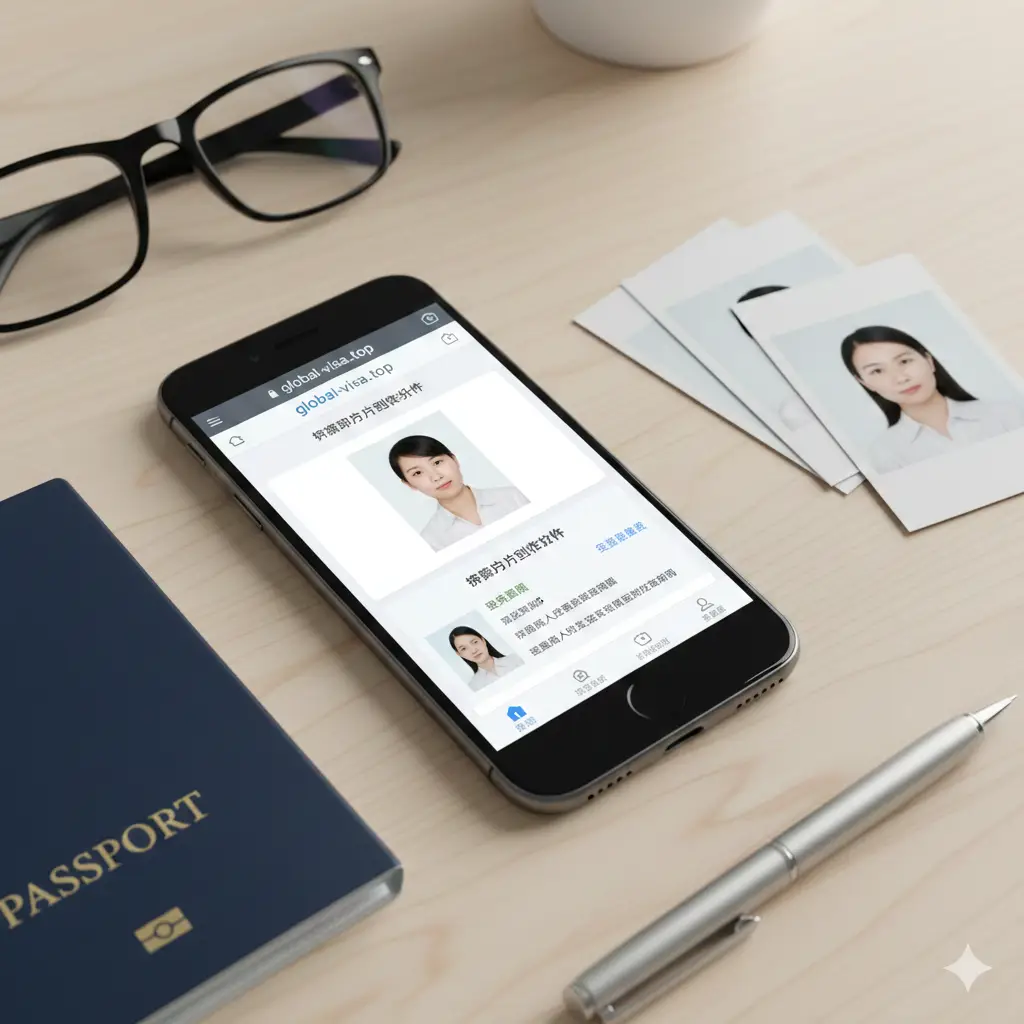 一张富有现代感的文章封面图。画面中央是一部智能手机，屏幕上显示着global-visa.top的界面，正在处理一张亚洲女性的证件照。手机周围散落着一本深蓝色的护照和几张已经打印出来的标准白底护照照片。背景采用简约的木质桌面，点缀一副黑框眼镜和一支钢笔。整体色调明亮、专业，光线柔和，营造出一种‘在家即可轻松制作’的氛围。