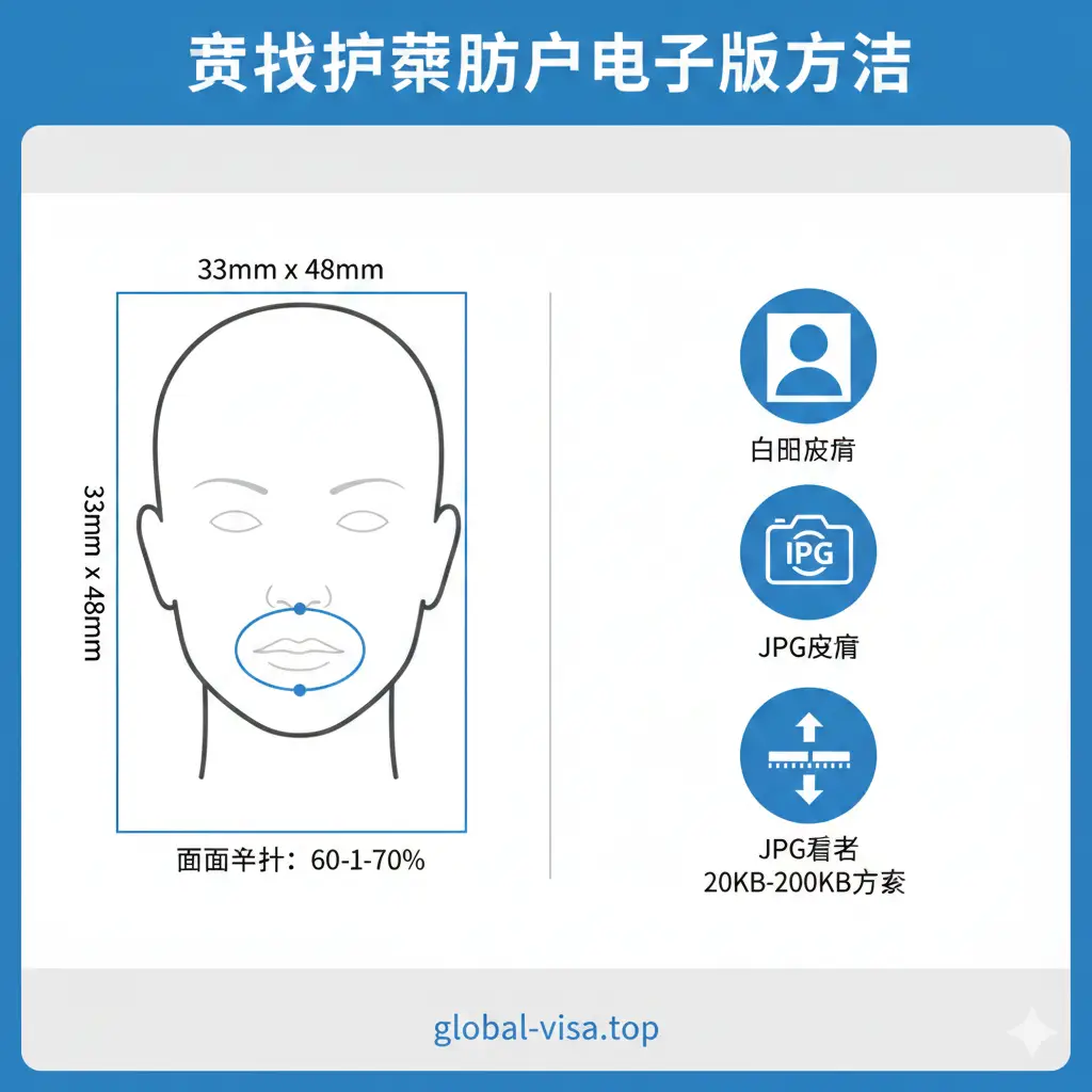 功能展示图详细呈现护照照片的规格要求。采用分屏对比的构图，左侧是一个标准的头部比例模型，标注有33mm x 48mm的物理尺寸和面部占比范围；右侧通过简洁的Icon图标展示关键特性，如‘白底背景’、‘JPG格式’、‘20KB-200KB大小’。色调统一使用global-visa.top的企业蓝，辅助以清晰的黑色文字说明。画面干净、信息密度适中，确保用户能一眼看清获取护照照片电子版的方法中的核心技术标准。