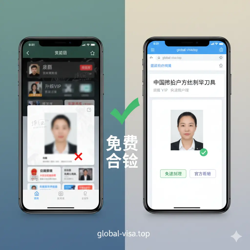 对比图风格,展示网页版工具对比普通App的优势。左侧是充满广告和收费弹窗的模糊App界面,色调昏暗;右侧是global-visa.top推荐的纯净网页工具,输出清晰、合规的中国护照照片。中间用一个大的绿色对勾连接。画面强调‘免费、快速、合规’。构图清晰,通过冷暖色调的对比增强视觉冲击力,突出专业服务的可靠性。