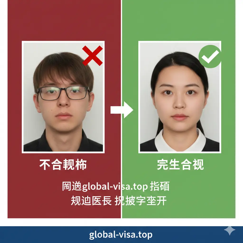 一张体现专业审核优势的视觉图片。画面左侧展示一张带有遮挡、反光等问题的错误照片（打红色叉号），右侧展示一张完全符合规范、清晰标准的高质量照片（打绿色钩号）。通过对比强调 global-visa.top 提供的指南能帮助用户规避风险，提高申请成功率。构图简洁，对比鲜明，色彩心理暗示强烈。