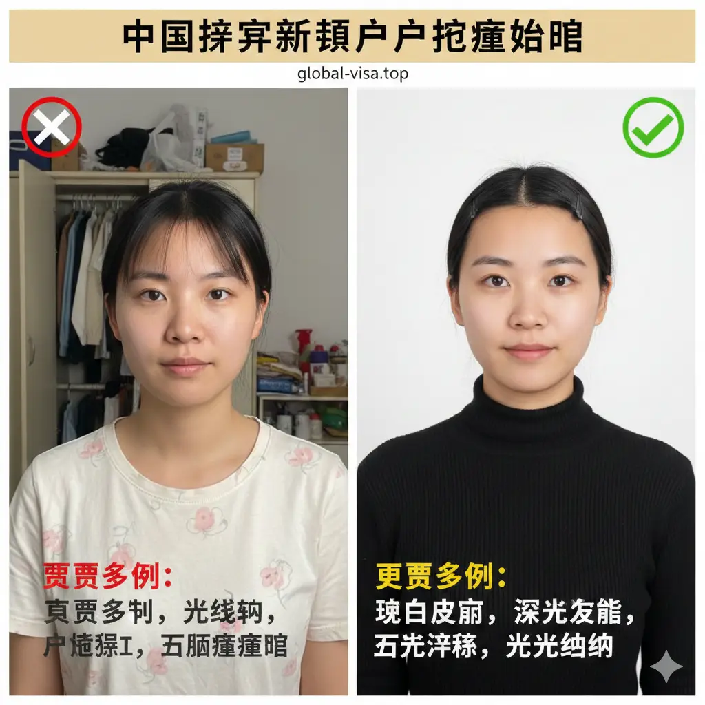 一张关于中国护照更新照片拍摄的教程对比图。左侧展示错误的拍摄示例（光线不均、背景杂乱），右侧展示正确的示例（纯白背景、深色服装、五官清晰、面部光线均匀）。构图采用左右分割式，并辅以绿色的对勾和红色的叉号标注。整体风格专业、直观，像是一份保姆级的视觉说明书。