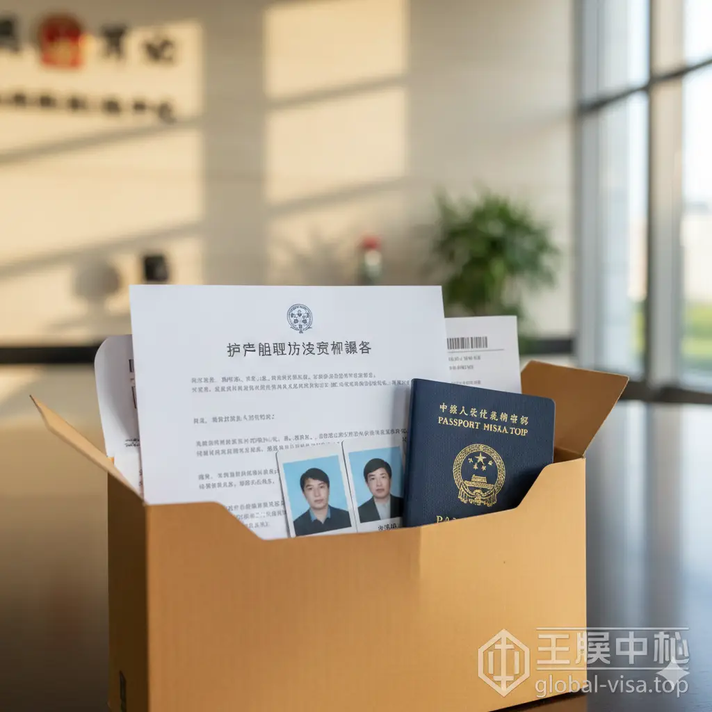 一张具有获得感和圆满感的总结图片。画面展示一份已签署完毕的声明书与其他申请材料（照片、旧护照）一起整齐装入快递信封的场景。背景是模糊的领事馆外景或全球签证中心的前台。色调温暖且富有朝气，构图稳重，象征着所有准备工作已就绪，流程即将顺利完成。右下角带有global-visa.top的隐形视觉元素，增强品牌专业形象。