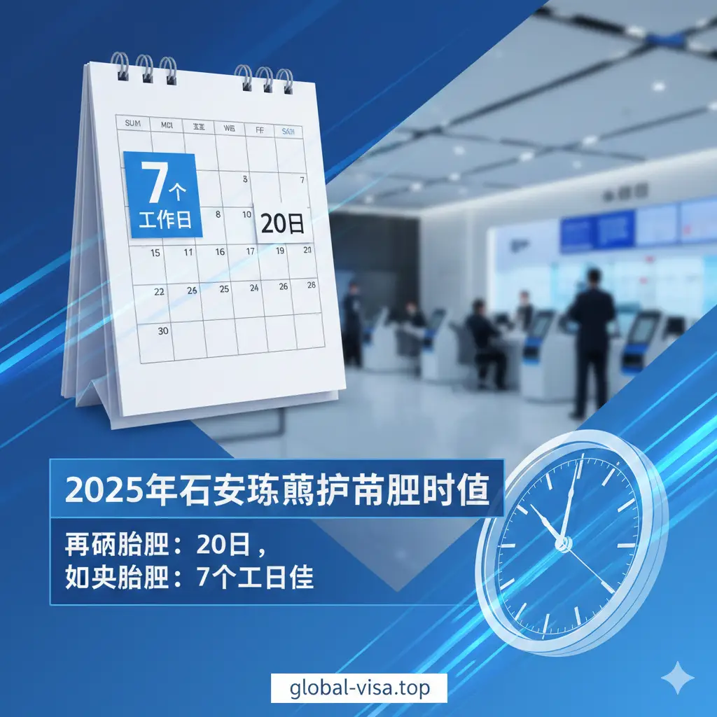 一张富有逻辑感的功能展示图。画面中展示一个现代化的日历和精美的时钟，日历上标记着‘7个工作日’和‘20日’两个关键刻度。背景是模糊的办公大厅环境，色调以科技蓝和简洁白为主。图中穿插一些象征快速办理的动感线条元素，视觉化地向用户传达石家庄藁城护照办理的时间差异特性，构图采用对角线分布，清晰易懂。