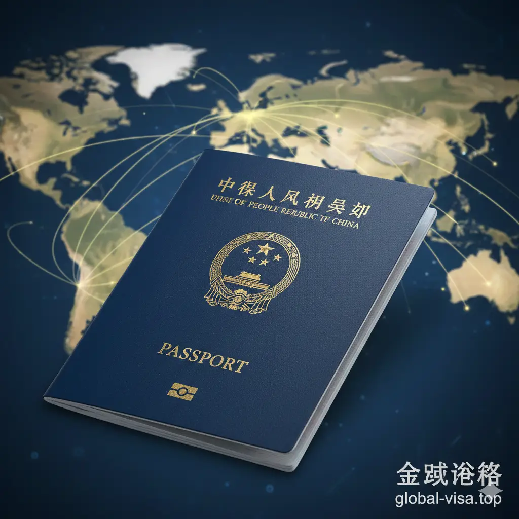 这张封面图采用大气、商务感十足的视觉风格。画面中央是一本高清写实的深蓝色护照,背景由模糊的全球地图和流动的金色线条组成,象征着全球通行。色彩以深蓝色、金色和明亮的白色为主,采用浅景深构图,突出护照表面的纹理。右下角微妙地嵌入global-visa.top的文字标识,整体传达出权威、专业且值得信赖的品牌形象。