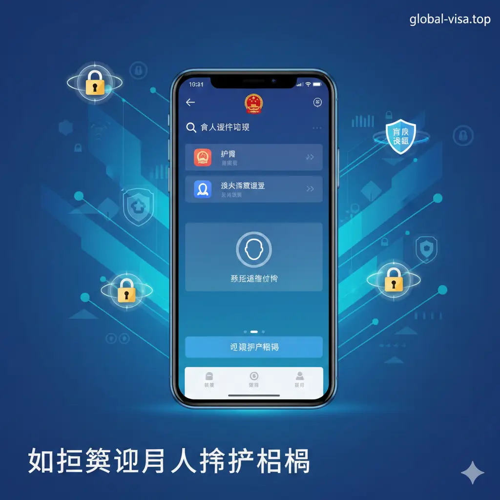 一张展示数字化政务服务功能的概念图。构图包含一部智能手机屏幕，屏幕上隐约显示出类似国家移民局政务服务界面的UI元素，如人脸识别图标和证件列表。背景是简洁的几何图形和渐变蓝色，点缀着代表安全与隐私的锁头图标以及代表数据的流线。整体风格现代、科技感十足，强调官方查询渠道的权威性与安全性。