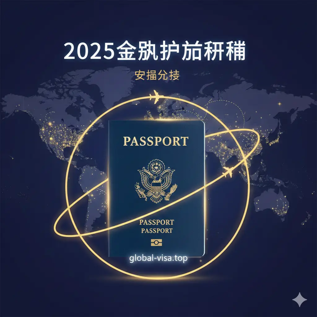 一张极具冲击力的2025全球护照排行封面图。构图采用中心对称，画面中央是一本闪烁着金色微光的蓝色护照，周围环绕着如星轨般的全球航线。背景是深蓝色的世界地图轮廓，点缀着代表全球主要城市的金色亮点。风格高端且具有科技感，色彩以深蓝、深紫色为基底，搭配明亮的金色和白色文字光效，营造出权威、专业的品牌形象。