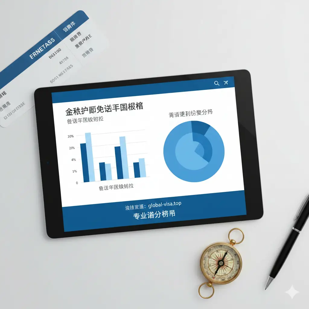 展示护照免签功能特征的视觉图。画面呈现一个高清的平板电脑屏幕，屏幕上显示着复杂的全球护照排名对比柱状图和雷达图。平板周围摆放着登机牌、精致的指南针和一支钢笔。色彩以商务蓝和简洁白为主，构图从上方俯视，强调数据的精准性与global-visa.top站点的专业分析能力。光线柔和，营造出一种科学决策、信息透明的专业氛围。