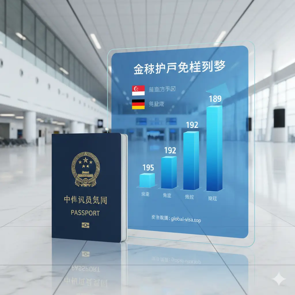 展示全球护照数据对比的功能性图片。构图采用左侧实物护照与右侧半透明数据图表相结合的方式。图表中包含新加坡、日本、德国等国旗图标，配合向上增长的3D柱状图。背景为干净的机场候机厅大理石质感，色调以明亮的白色和科技蓝为主，视觉中心突出‘195’、‘192’等关键免签数量指标，体现权威性与专业度。