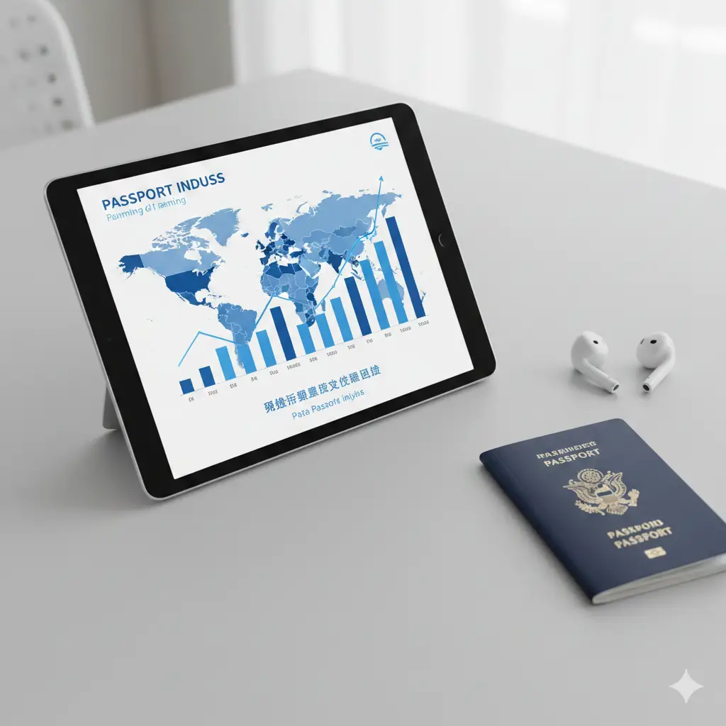 一张展示护照排名和功能特性的概念图。背景是干净的浅灰色办公桌面，上面摆放着一台显示着动态排名柱状图和世界地图的平板电脑。平板旁边有一本厚实的物理护照和一副高品质耳机，暗示商务出行的便捷性。风格清新、写实，光线柔和，重点突出‘数据分析’与‘通行便利度’的结合，色彩以商务蓝和白色为主。