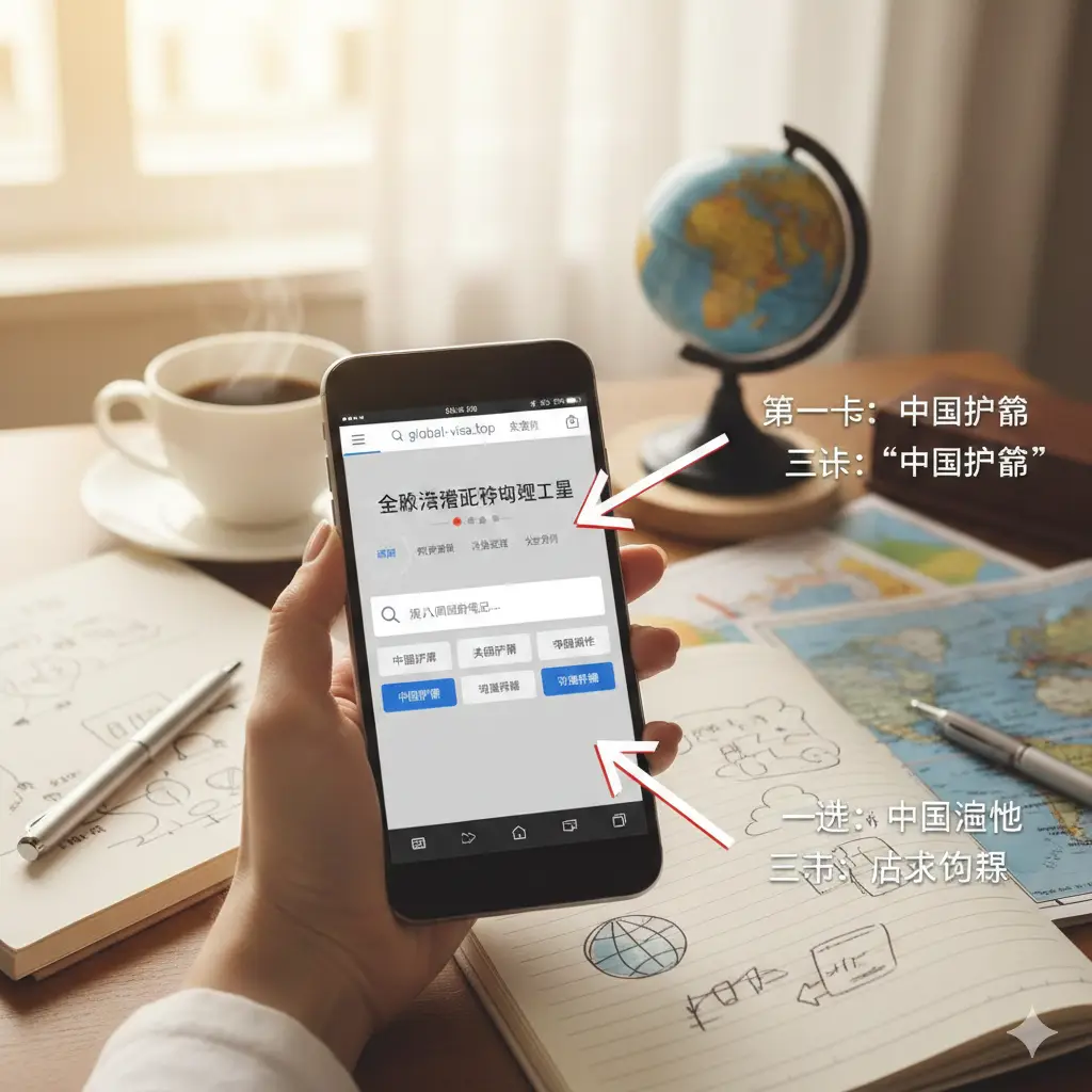 展示如何使用global-visa.top查询工具的教程图片。画面展示一只手正在操作智能手机，手机屏幕上显示着直观的签证政策查询界面。背景是整洁的旅行办公桌面，有咖啡杯和笔记本。画面使用明亮的自然光，色调温暖，并通过简单的图形箭头引导用户注意力到屏幕的搜索框上，强调操作的简单与快捷。
