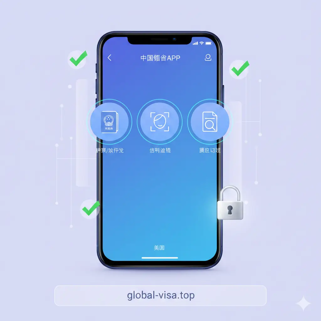 展示‘中国领事’APP的核心功能界面模拟图。画面中心是一个智能手机，屏幕上清晰显示出护照换发、人脸识别和进度查询的图标。手机周围散布着发光的UI元素，如代表成功的绿色对勾和代表安全的文件锁图标。色彩采用科技感的蓝色调，背景简洁，旨在突出移动端办理的便捷性与数字化特征。