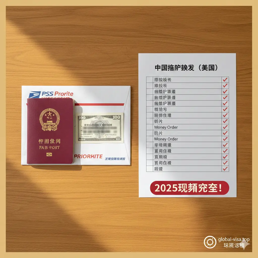 一张总结性质的清单视觉图。画面呈现一个木质桌面，上面整齐排列着旧护照、USPS回邮信封、一张填好的Money Order样张和一份Checklist勾选表。阳光从侧面洒入，营造出任务圆满完成的轻松氛围。构图整洁，文字重点突出‘2025更新完成’，右下角带有Global-Visa的品牌标识，适合作为文章结尾的行动指南图。
