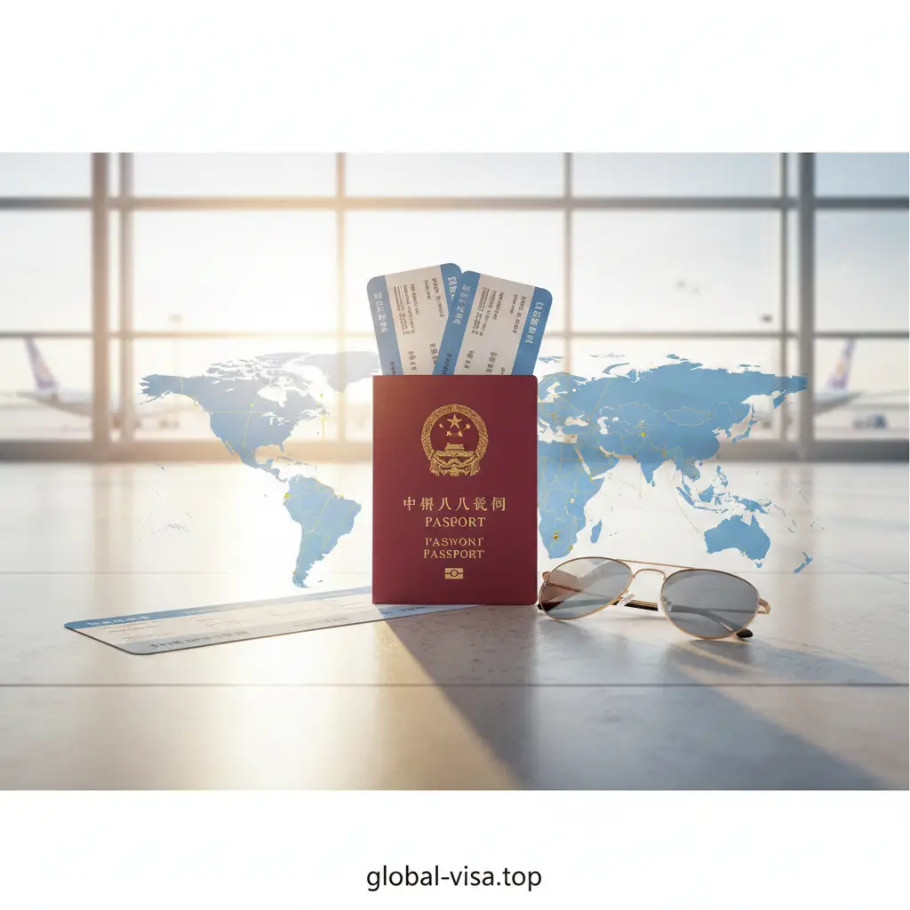 一张具有现代感和旅行氛围的封面图。画面中央是一本清晰的中国护照，周围散落着登机牌、世界地图剪影和一副太阳镜。背景是明亮的机场航站楼落地窗，阳光柔和地洒在护照上。整体色调以温暖的金色和专业的天蓝色为主，构图采用中心对称，上方留白方便添加‘2025护照更新全攻略’等文字标题，风格干净且具有高度信任感。