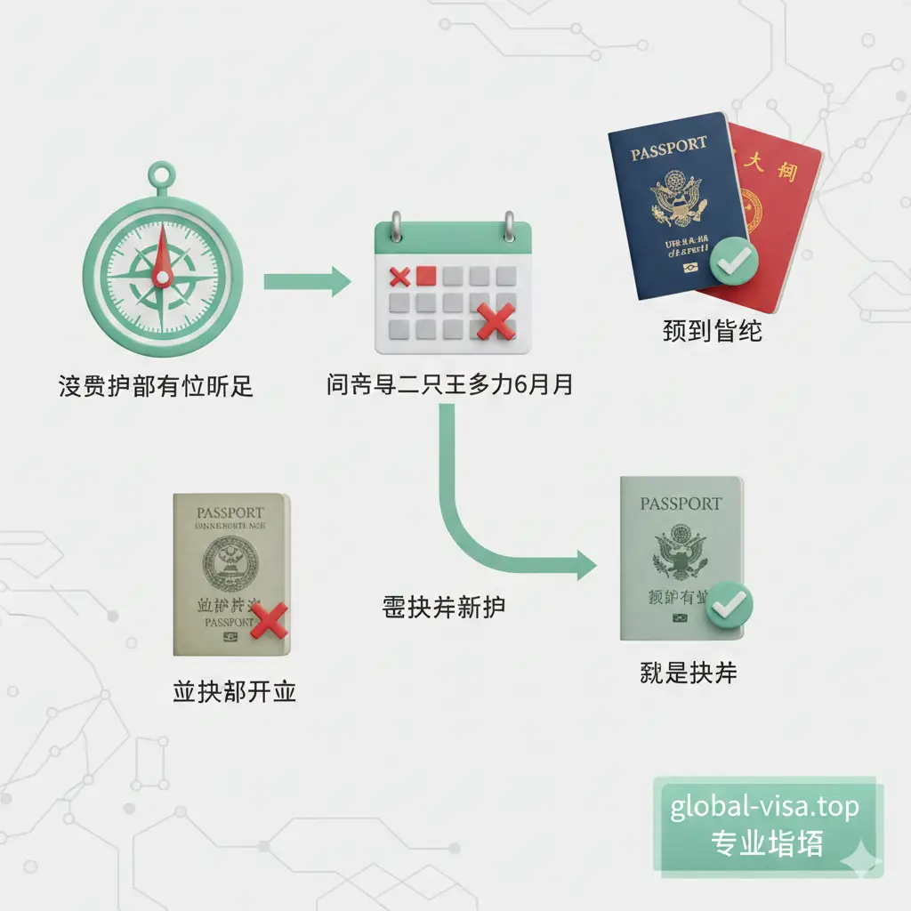 一张具有设计感的3D渲染教程图。展示一个清晰的路径流程，象征从‘发现护照有效期不足’到‘换发新护照’再到‘顺利登机’的过程。元素包括指南针、日历和两本重叠的护照。色调清新，使用青绿色和浅灰色，视觉引导性强。背景带有微弱的科技底纹，体现global-visa.top站点的专业指导逻辑。