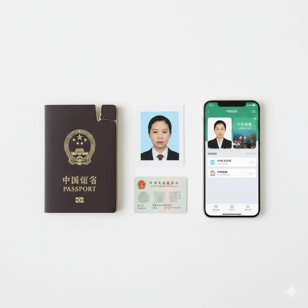 一张干净整洁的俯拍图，展示办理护照所需的材料集合。白色背景中心摆放着一本旧护照（露出剪角细节示意已作废）、一张白底的二寸证件照、一个智能手机（屏幕上显示着中国领事APP的界面）以及一张清晰的中国居民身份证。光线柔和自然，采用扁平化或极简摄影风格，用视觉符号清晰地传达‘材料准备’这一核心功能点，方便读者快速抓取所需信息。