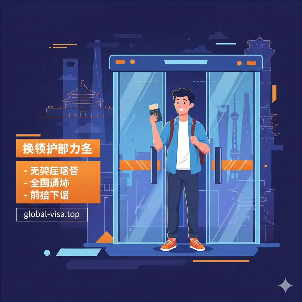 一张强调异地办理和‘全国通办’优势的插画。画面展示一个旅行者手持护照在现代化的出入境大厅前，背景融合了北京、上海等多地城市地标剪影。画面侧边列出优势重点：无须居住证、全国通办、高效下证。色彩使用充满活力的橙色和蓝色撞色，风格动感且富有科技感，传递出服务的便捷性与权威性。