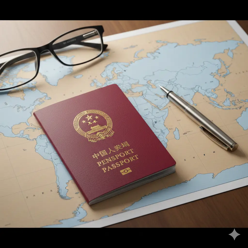 一张高质量、专业且具有现代感的封面图片。画面主体是一本带有金色国徽的中国护照放在一张极简风格的世界地图背景上，旁边摆放着一副时尚的黑框眼镜和一支钢笔。色调以商务蓝和温暖的木质色为主，光线柔和，营造出一种‘即刻出发，全球通行’的专业旅游氛围。构图采用俯视微距角度，清晰展现护照的质感，并在右侧预留留白区域以便后期叠加标题文字。