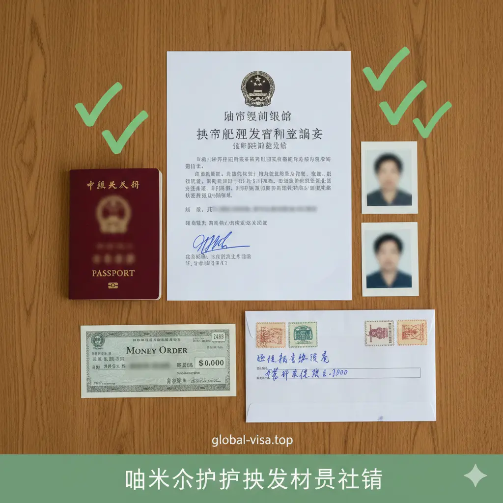 一张采用平铺（Knolling）摄影风格的材料清单图，整齐排列旧金山领区护照换发所需的邮寄材料。木质桌面上整齐摆放着：已签署的声明书、一本旧的中国护照、两张两寸白底证件照、一张Money Order支票以及一个贴好邮票的回邮信封。