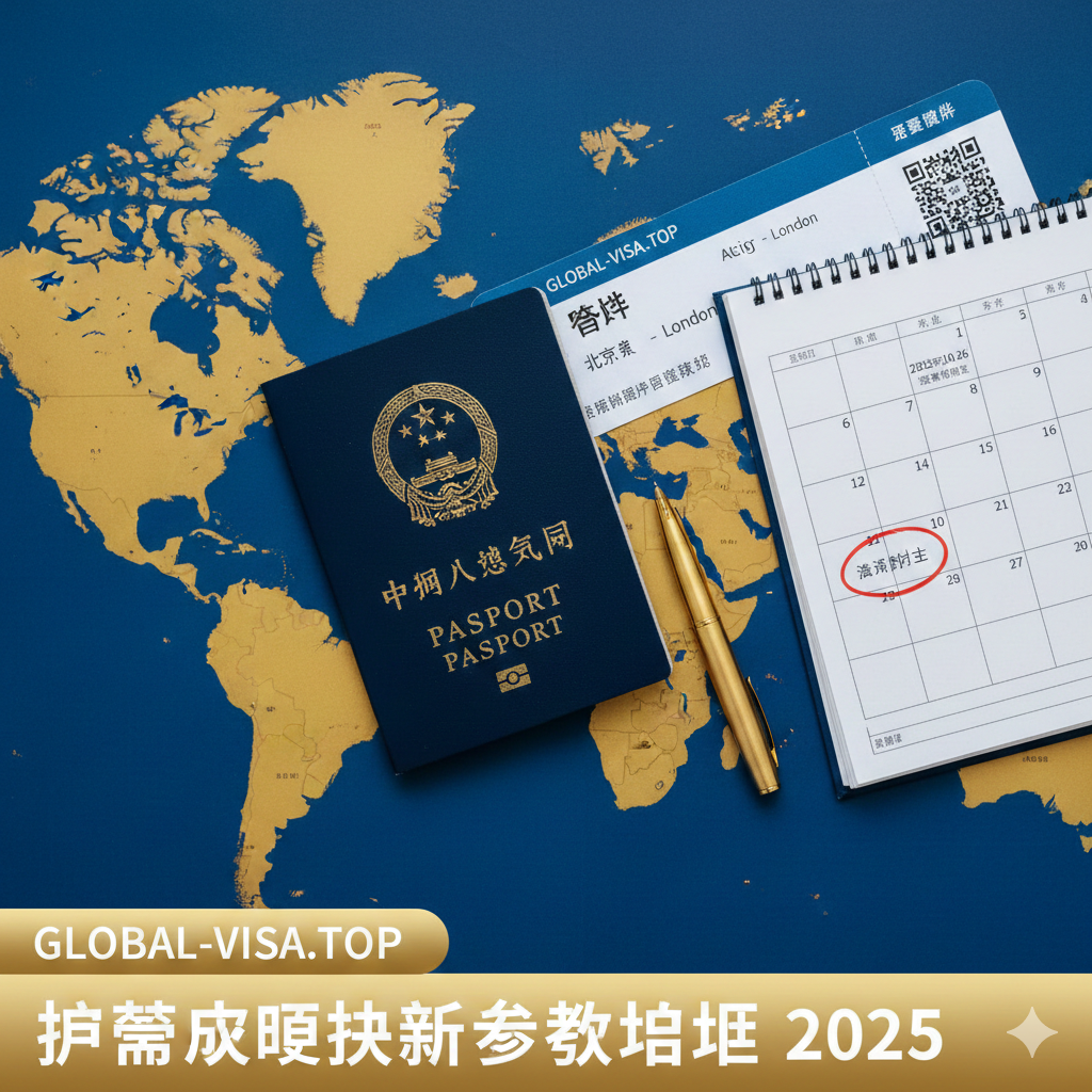 一张专业且引人注目的封面图，采用平铺俯拍（Flat lay）构图。画面中心是一本标准的中国护照，放置在一张世界地图或极简风格的办公桌面上。旁边摆放着日历（圈出日期暗示有效期）、一张登机牌和一支钢笔。光线柔和明亮，色调以深蓝（护照色）和金色为主，营造出权威、专业且与国际旅行紧密相关的氛围，直观传达“护照换新”的主题。