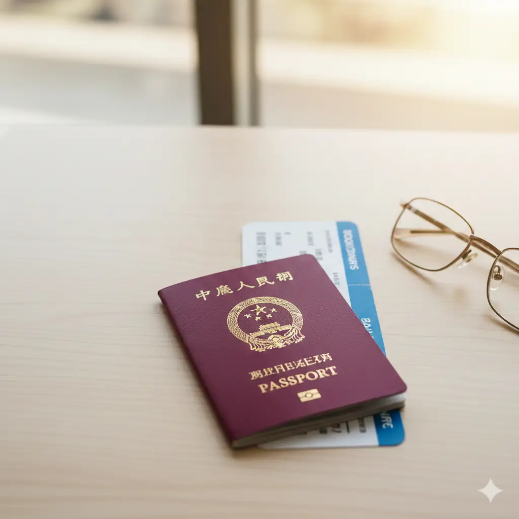 一张高质量且具有权威感的封面图。画面中心是一本深红色的中国护照，放置在干净整洁的办公桌面上，旁边叠放着一张飞机的登机牌和一副眼镜。背景采用温暖的自然光线，带有淡淡的虚化效果，营造出准备出发旅行的期待感。构图采用俯视视角，色彩以护照的红色和桌面的浅色系为主，视觉中心突出，文字留白区域充足，展现护照过期换新护照流程的主题。
