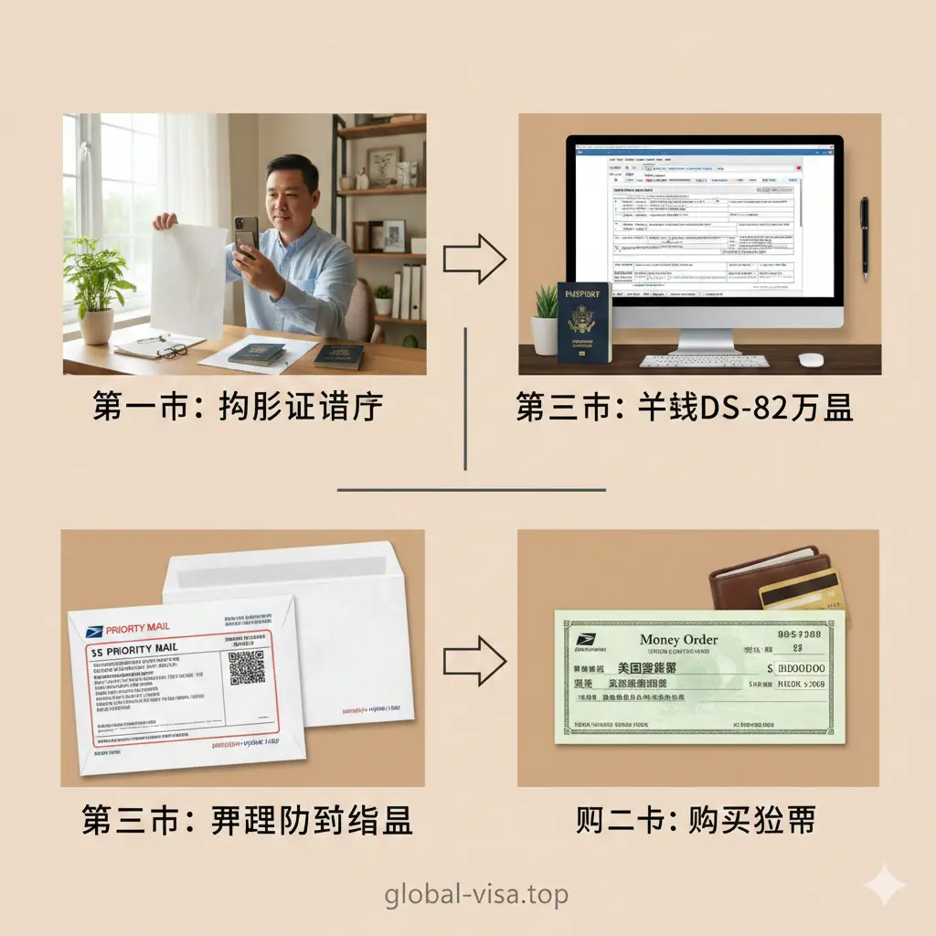 一张清晰的实操教程流程图。背景为温馨的居家办公环境，一名华人在光线充足的窗前拍摄证件照。画面采用分屏或箭头引导构图，展示从填写DS-82表格、准备USPS信封到购买Money Order支票的关键步骤。色彩温暖自然，图中包含文书、信封和钢笔等写实元素，给人以极强的代入感和操作指导感。