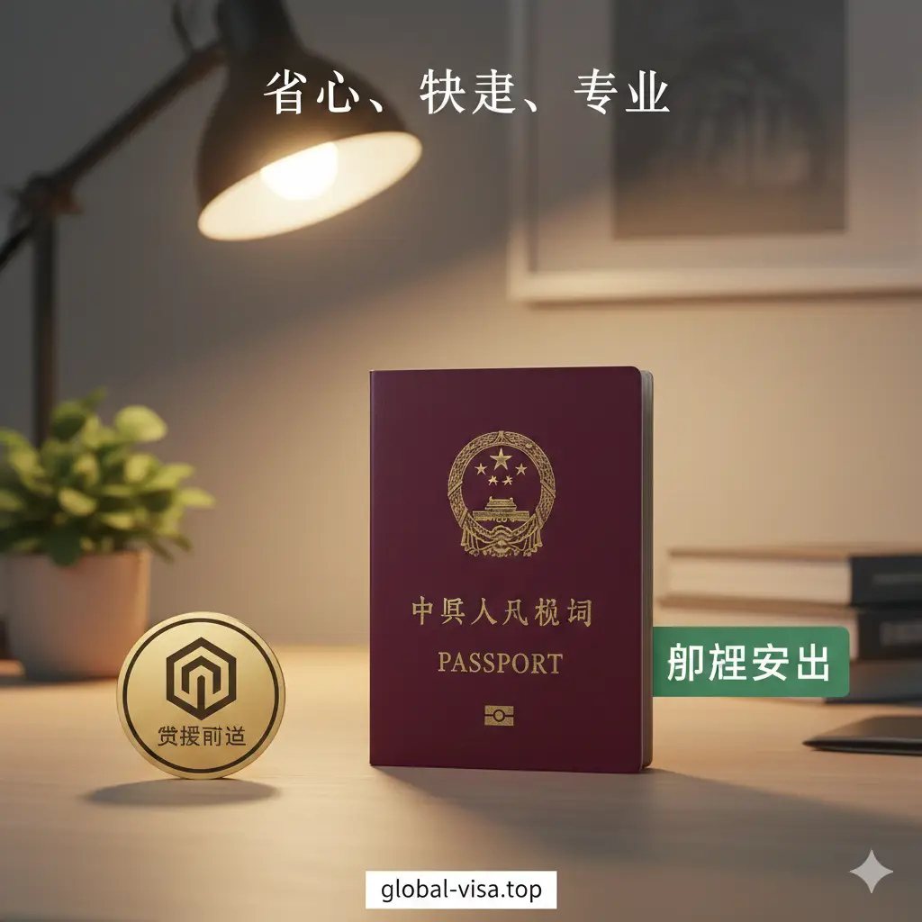 总结性视觉图片，画面展示一张崭新的中国护照放置在整洁的办公桌上，旁边是一枚象征成功的金色印章或绿色的‘审核通过’状态条。背景透出温馨的居家办公氛围，给人以轻松、放心的心理暗示。文字点缀‘省心、快捷、专业’。色调温暖且明亮，构图采用微距摄影风格，焦点汇聚在护照封面的国徽上，预示任务圆满完成。