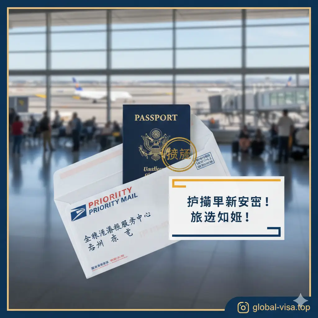 一张充满正能量的总结性图片。画面中心是一个带有回邮地址的USPS Priority Mail快递封，上面放置着一枚象征审核通过的金色印章。背景是虚化的机场航站楼，寓意护照更新成功后即将开始的顺利旅程。色彩丰富且饱和度适中，构图采用对角线分布，传达出事半功倍、旅途无忧的终极目标。