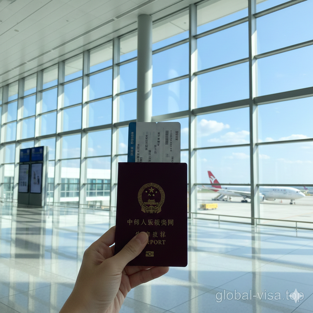 充满希望与期待的总结性图片。主观视角（POV）拍摄一名旅客在现代化机场的候机大厅，手中紧握一本崭新的中国护照和机票，背景是透过巨大的落地玻璃窗看到的蓝天、停机坪和准备起飞的飞机。光线明亮充足，色彩鲜艳，象征着手续办理完成后的顺利出行和Global Visa服务的最终目标。