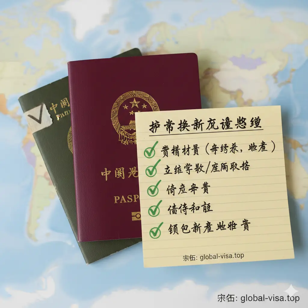 一张温馨的总结图片。画面是一个完成换新后的新旧两本护照叠放在一起，旧护照角部有明显的剪角标识，代表任务圆满完成。旁边是一张手写的核查清单，上面打满了绿色的对勾。色彩明快自然，构图和谐。