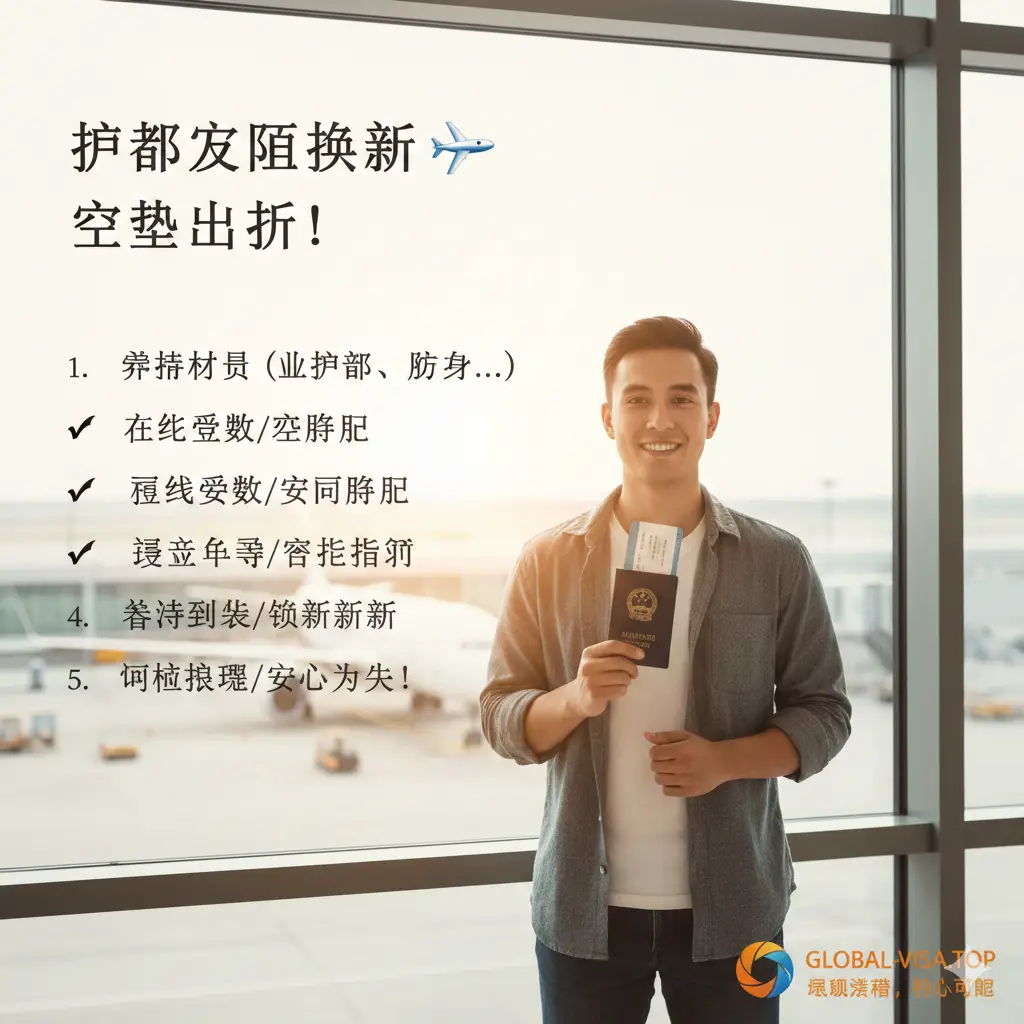 一张充满积极氛围的总结性图片。画面中心是一位面带自信微笑的年轻旅行者，在明亮的落地窗前拿着刚领到的新护照和登机牌，背景是模糊的航站楼和待飞的客机。光线充满朝气，展现出一种‘解决焦虑，顺利出行’的成功感。图片下方或侧边可以感受到Global-Visa品牌所传达的贴心与可靠，色彩温暖且富有活力，为整篇文章画上圆满句号。