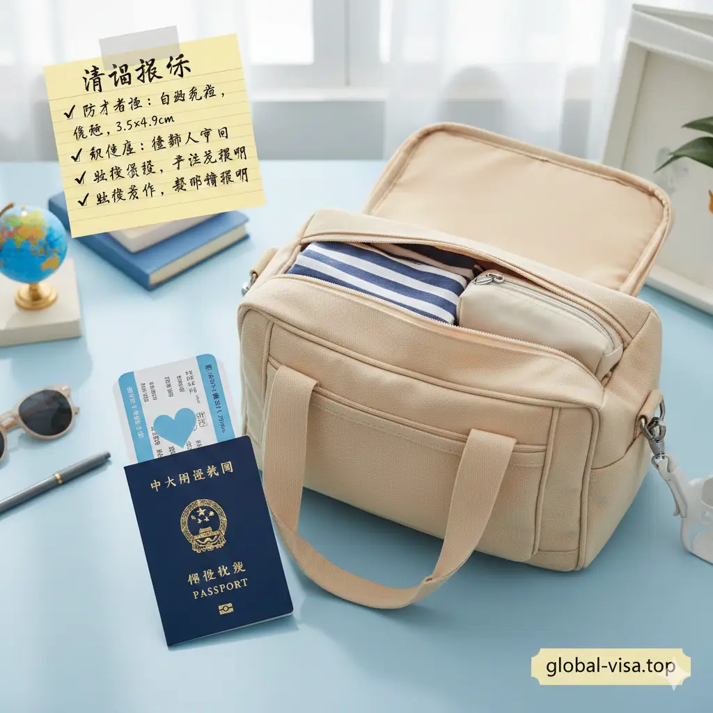 一张温馨且带有总结性质的收尾图。画面是一个整理好的旅行包，旁边放着一本崭新的护照和一张机票。画面上方有‘温馨提示’的便签纸，总结了照片标准、未成年人需监护人陪同、遗失后旧证失效等核心要点。色调柔和、充满希望感，采用俯视构图（Flat Lay），给人一种‘万事俱备，准备出发’的愉悦感，完美呼应文章结尾。