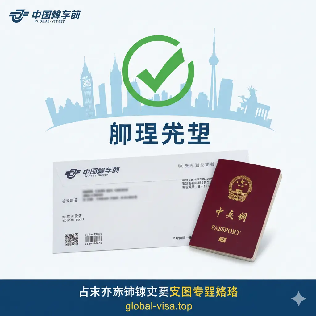 总结性视觉图片。画面展现一张寄往海外地址的特快专递信封，信封旁是一本崭新的中国护照。背景是世界著名城市地标（如伦敦大本钟、多伦多电视塔、纽约自由女神）的剪影，象征全球服务。画面中央有醒目的‘办理成功’勾选标志。整体色彩明快，给人以安心、圆满的视觉感受，引导用户点击下方链接查看各国专属攻略。