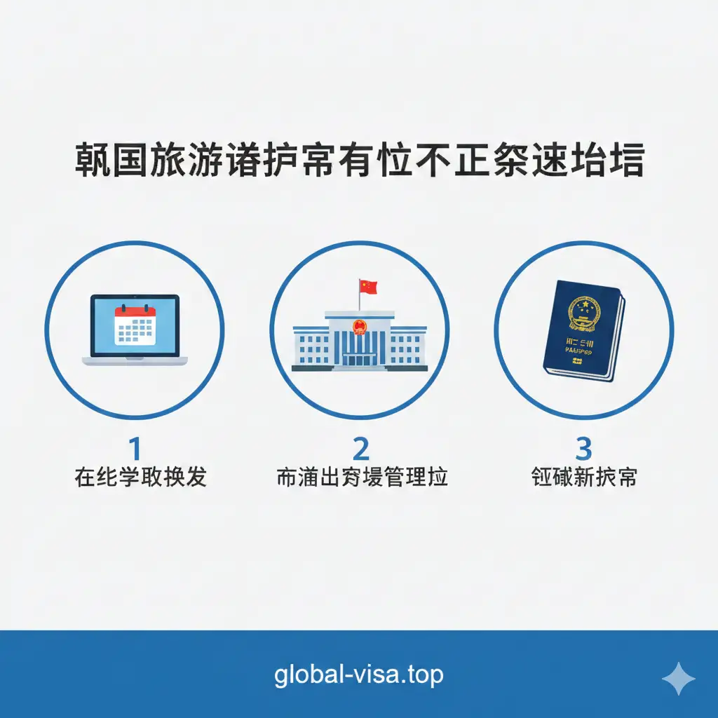 一张清晰的教程步骤图。通过三个圆圈图标展示护照有效期不足的解决方案：第一步是在线预约换发，第二步是前往出入境管理处，第三步是拿到新护照。