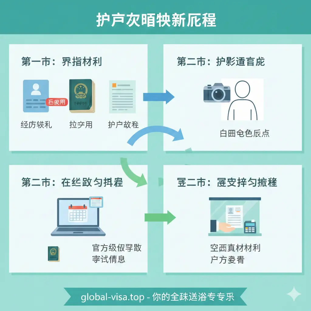一张详尽的步骤教程示意图。采用扁平化矢量设计风格，展示从准备材料、拍摄证件照到递交申请的标准化流程。画面中包含身份证、旧护照、数码相机和申请表格等元素，各元素之间用流动的线条连接。色彩使用清爽的蓝绿色调，构图采用分块式布局，让用户一眼就能看清护照过期换新护照流程的具体环节，具有极强的指引性和易读性。