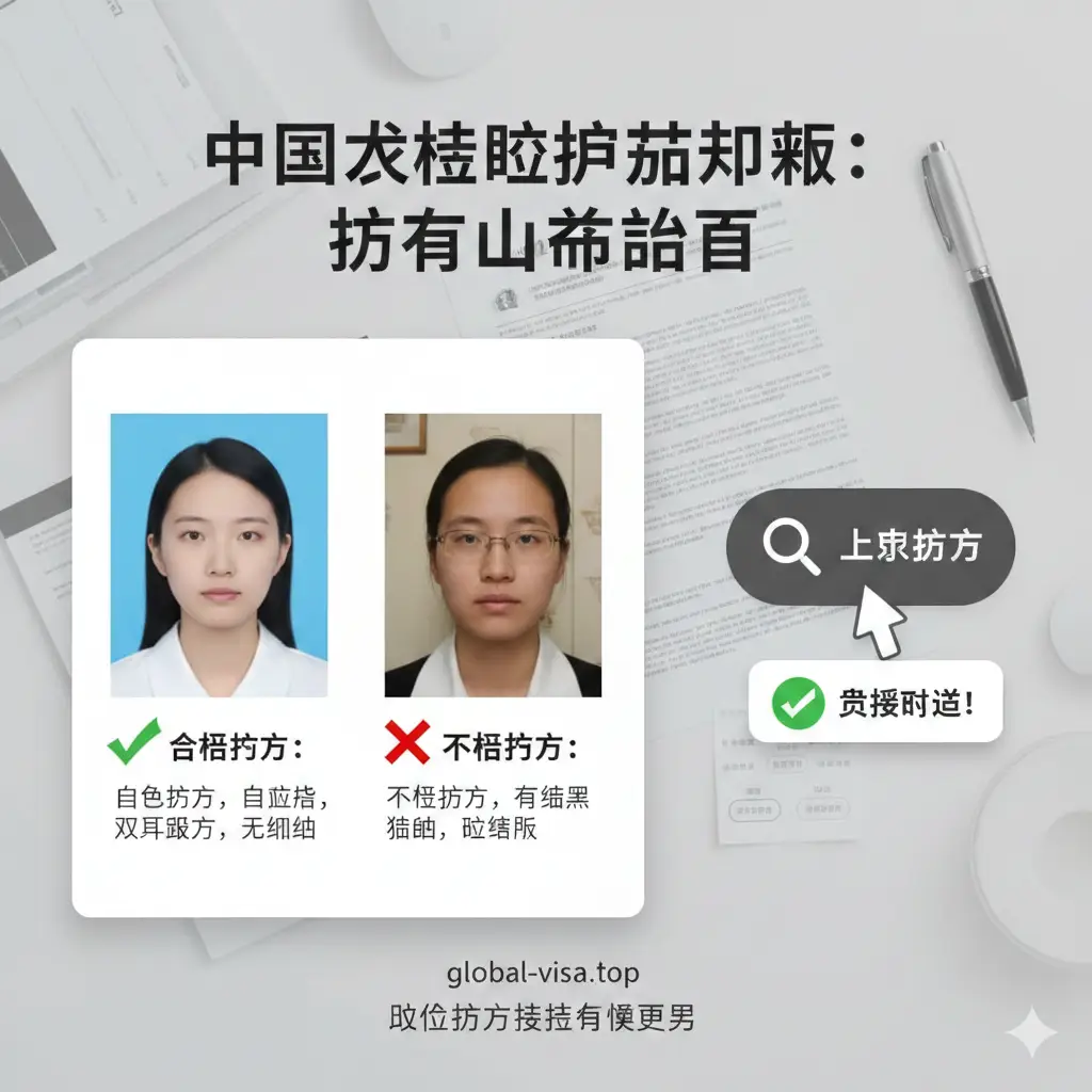 一张精细的图文教程示意图。重点展示护照照片的规范要求,左侧为正确的白色背景证件照范例(人像清晰、双耳露出、无眼镜阴影),右侧带有一个放大镜图标指向APP上传按钮。背景采用淡灰色的办公场景,并加入绿色勾号表示审核通过。构图采用对比排版,清晰指导用户如何避开照片审核的坑,符合专业教程逻辑。