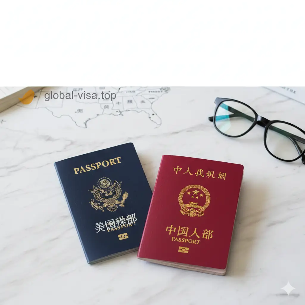 一张高质量的合成封面图。左侧展示一本深蓝色的美国护照，右侧展示一本红色的中国护照，两本护照错落叠放在干净的白色大理石桌面上。背景配有精致的旅行元素如一副黑框眼镜和一张模糊的美国地图。色调明亮、专业且现代化，上方留白方便添加标题文字，整体视觉重心平衡，体现中美护照更新的主题。