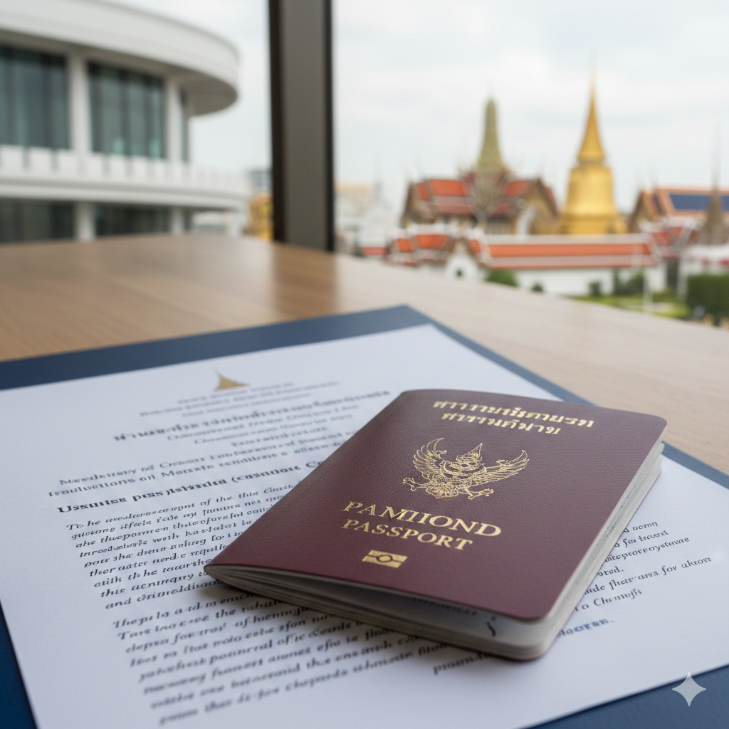A high-quality professional cover image featuring a Chinese passport and a formal legal document titled '护照换发办理声明书' in elegant calligraphy. The background shows a blurry but recognizable view of a modern consulate office or a Thai-Chinese landmark like the Grand Palace or a business district in Bangkok. The style is clean and corporate, using a color palette of deep red and gold (representing China) mixed with professional blue. The composition is a close-up, shallow depth of field, with soft natural lighting to create a sense of trust and officiality.