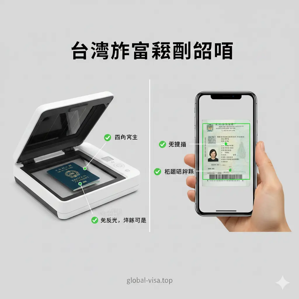一张清晰直观的护照内页扫描教程示意图。画面展示了一部手机和一台专业扫描仪正在处理台湾护照资料页。图中通过视觉符号（如绿色的打勾图标）强调：必须完整包含四个边角、MRZ机读码区域无反光、无手指遮挡。构图采用分屏或步骤拆解式，底色为干净的浅灰色，使用明亮的标注线引导读者关注扫描核心点，整体风格偏向实用工具说明，简洁易懂。