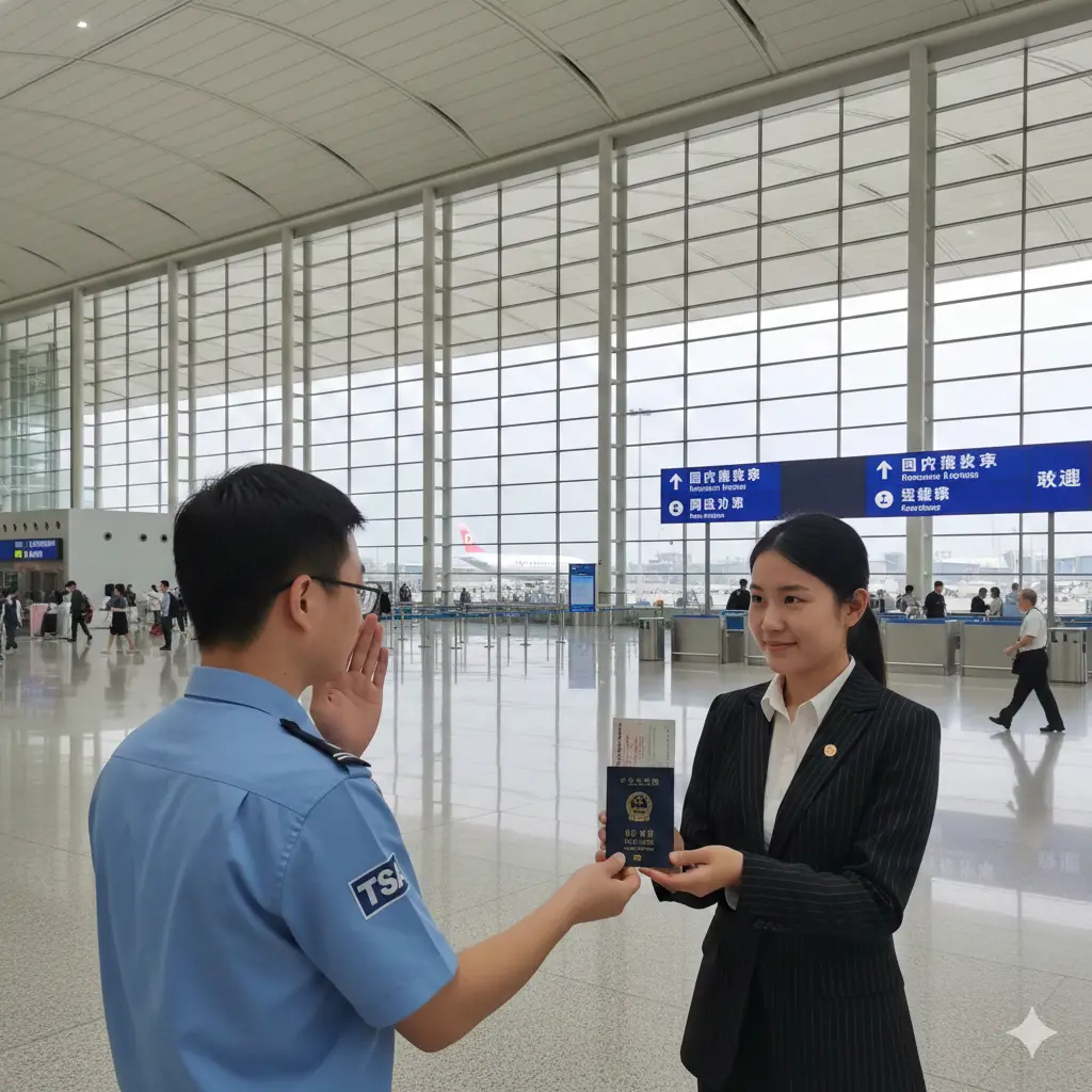 一张展现出行优势的场景图,画面展示一名亚洲面孔的年轻女性(代表留学生或游客)正带着自信的微笑向穿着蓝色制服的TSA工作人员出示中国护照,工作人员点头示意。背景是宽敞明亮的机场候机大厅,带有指示牌。构图采用中景镜头,捕捉人与人之间的正面互动,色彩鲜艳且饱和度适中,营造出持中国护照在美国境内旅行非常便捷、受尊重的积极氛围。