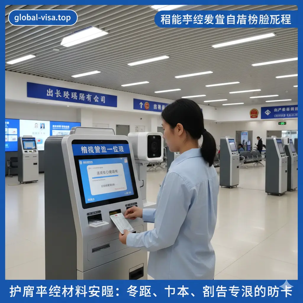 描绘出入境大厅现代化办理场景的插画或实景图。画面中一位申请人正在使用“智能签注设备”或自助照相一体机,手持身份证进行扫描,机器屏幕显示友好的操作界面。背景是宽敞明亮的政务大厅,体现高效与便捷。图片风格现代科技感强,重点突出“自助填表”和“智能照相”的流程细节,帮助用户理解现场办理步骤。