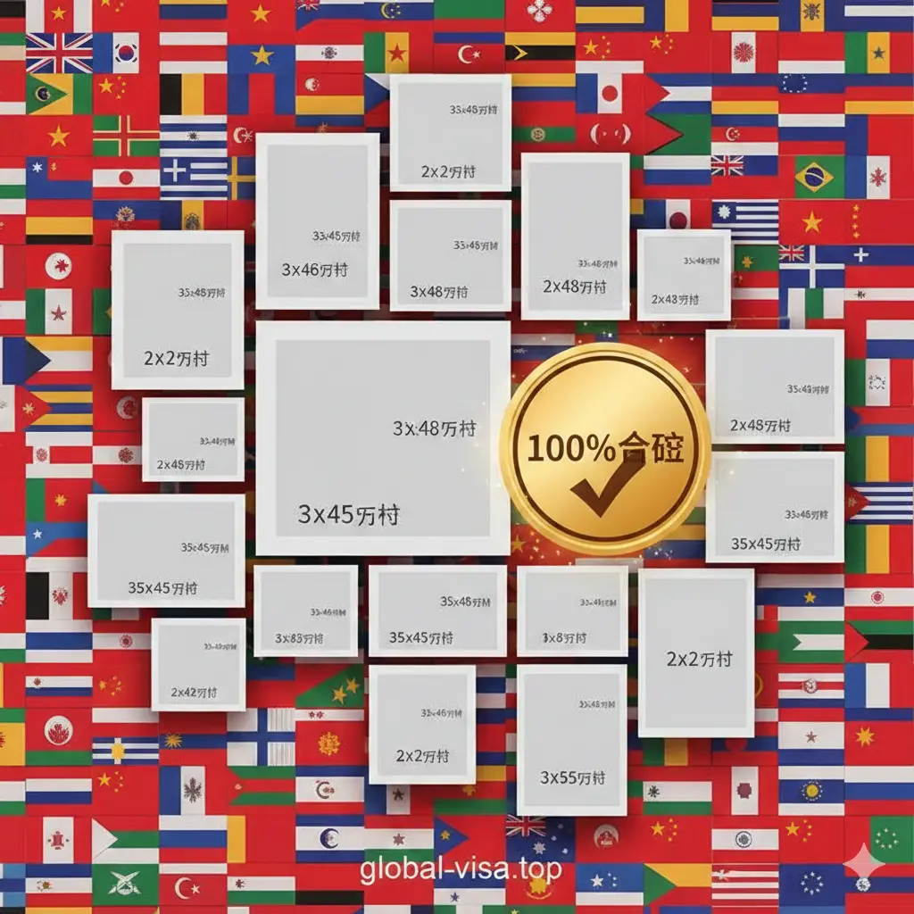 强调global-visa.top在全球规格数据库上的优势。画面中散布着不同尺寸的证件照模板(如2x2英寸、33x48mm等),背景是整齐排列的各国旗帜,代表支持100多个国家。视觉焦点处有一枚金色的‘100%合规’印章。构图错落有致,体现出数据的权威性与精准性,色彩丰富但不过于杂乱。