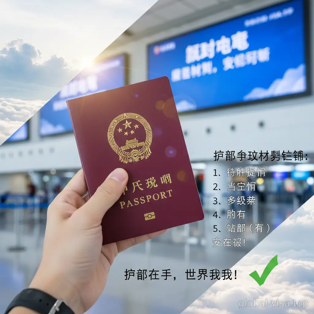 总结性图片,画面展示一只手拿着崭新的中国护照,背景是模糊的机场候机厅大屏幕或明亮的云海。阳光洒在护照封面上,烫金字样闪闪发光。整体意境开阔,色彩绚丽,象征着按照清单备齐材料后顺利拿到证件的喜悦。构图采用斜向对角线,富有动感和希望感,完美契合‘护照在手,世界我有’的主题。