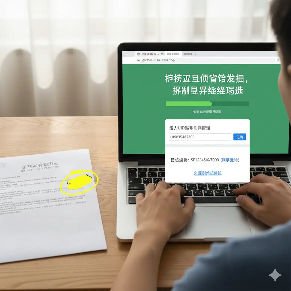 一张手把手教学风格的指导图。画面展示了一位申请人正专注地在笔记本电脑上操作CGI系统，屏幕放大显示UID号码和物流追踪界面的关键位置。旁边放着一份面签预约信，UID号码被明显的荧光笔标注出来。色彩温暖自然，采用第一人称视角构图，让读者能直观学会如何根据‘护照从领事馆收回’这一状态去追踪实际的物流单号。