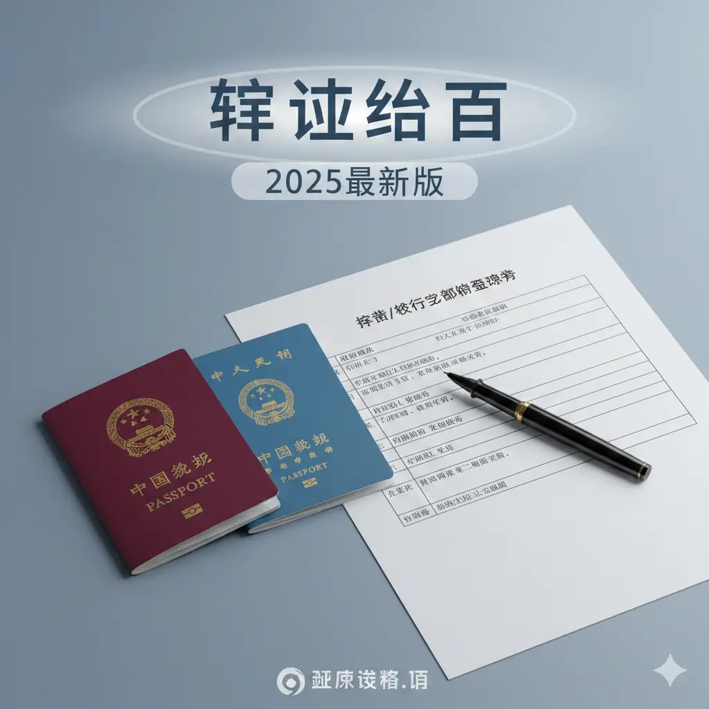 一张专业且引人注目的封面图，画面中央摆放着一本深红色的中国护照和一本蓝色的中国旅行证，旁边是一份打印清晰的‘护照/旅行证补充声明书’表格。背景采用柔和的商务蓝灰色调，有一支高档黑色签字笔斜放在表格上，暗示正在填写。画面上方有半透明的白色光晕，突出‘填写指南’与‘2025最新版’的概念，整体风格严谨、官方且具有指导性，符合global-visa.top的专业形象。